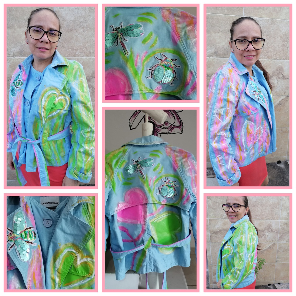 chamarra customizada con corazones rosa y verdes e insectos bordados