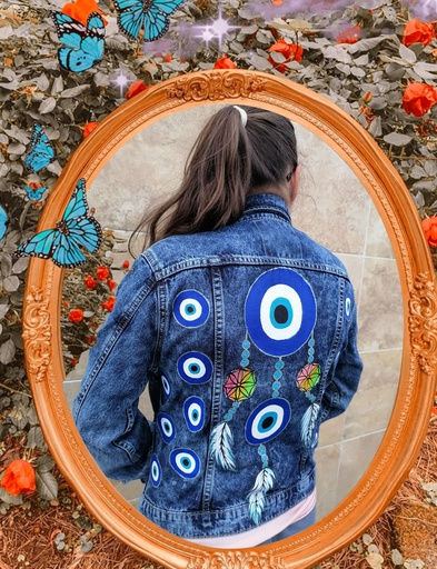 Hand Painted Denim Jacket with Turkish Eyes, Dream Catchers and Feathers (Black, Chico)