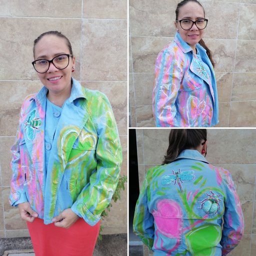 [9000313] chamarra customizada con corazones e insectos bordados